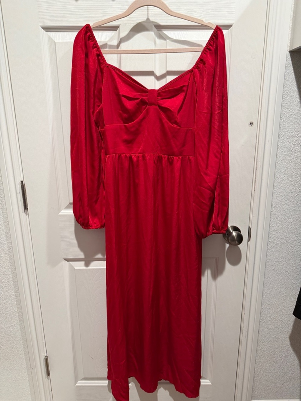 Red Long Sleeve Satin Midi Dress - Elegant Women's Dress